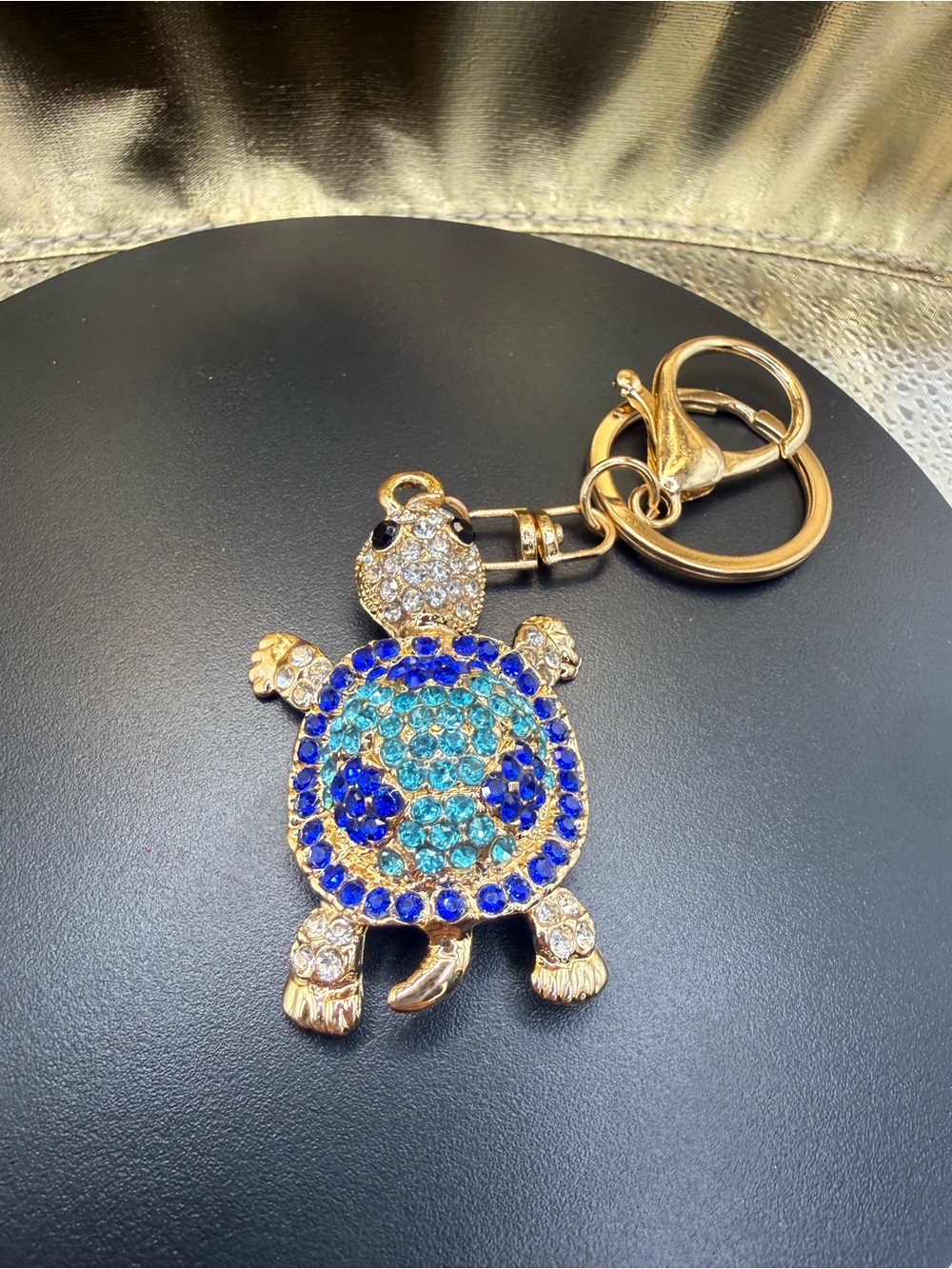 Gold-Tone Turtle Keychain with Blue Crystal Accents